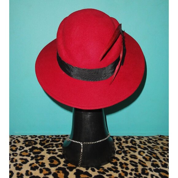 Vintage Arlin Red Wool Church Hat w/ Feathers Kentucky Derby pinup retro bow main image 7